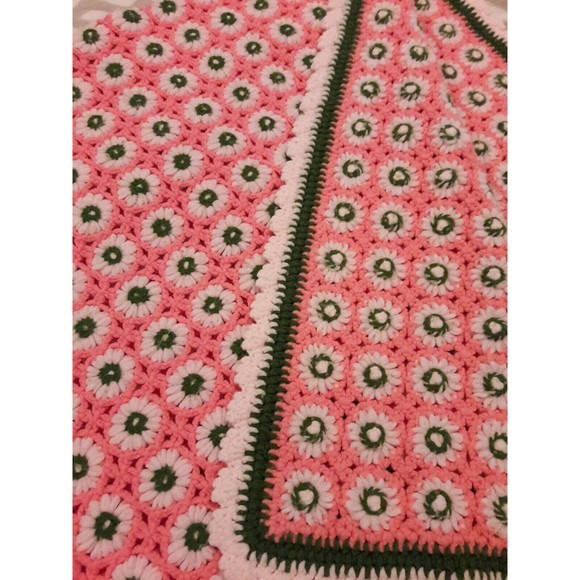 Vintage Crochet Pink Green Daisy Afghan Boho Blanket Lilly 70s Afghan